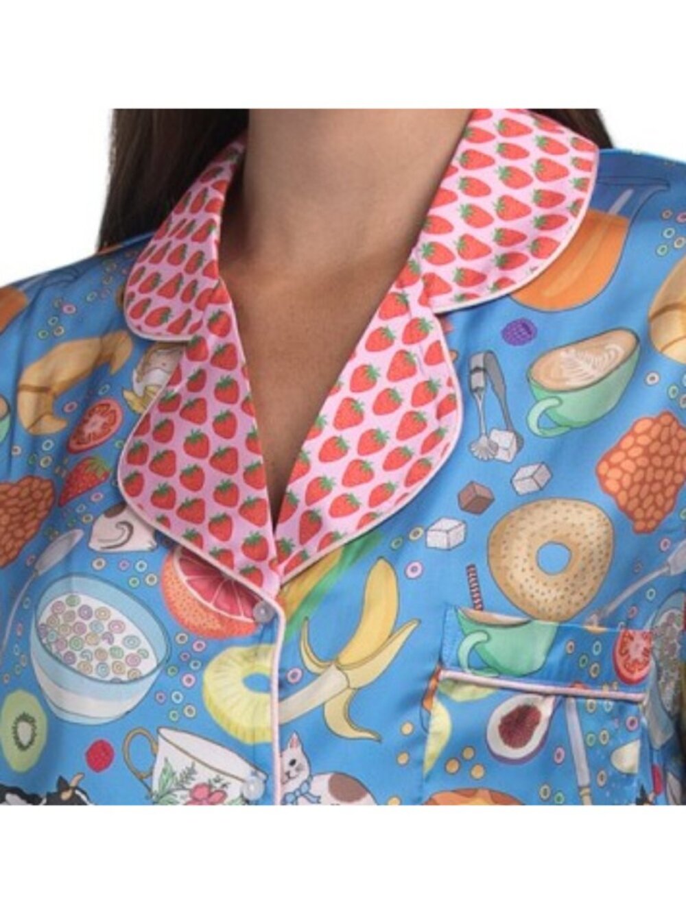 KAREN MABON 2pc Breakfast Print Notch Collar Pajama Set With Contrast Trim - Picture 3 of 4